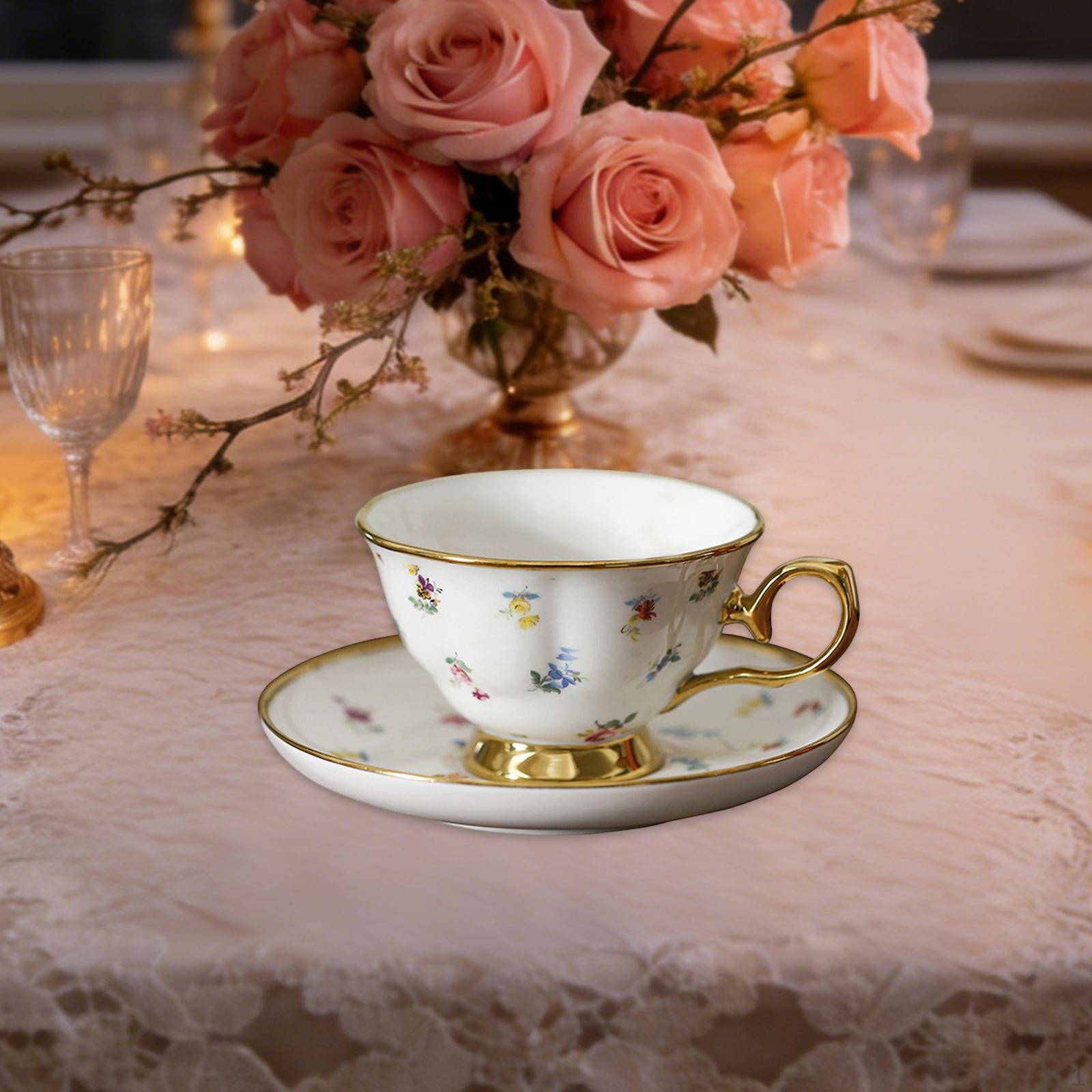 Ceramic Coffee Cup and Saucer Set Afternoon Tea Mug Floral Pattern Style A