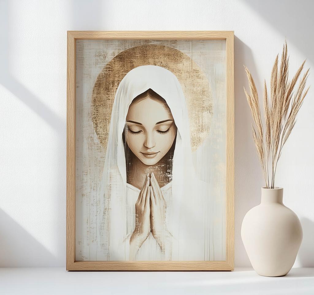 Modlitwa Maryi W Ciszy Modlitwa Maryi W Ciszy, 30X40 Cm, Rama Drewniana Biała, Papier Matowy 230 Gsm