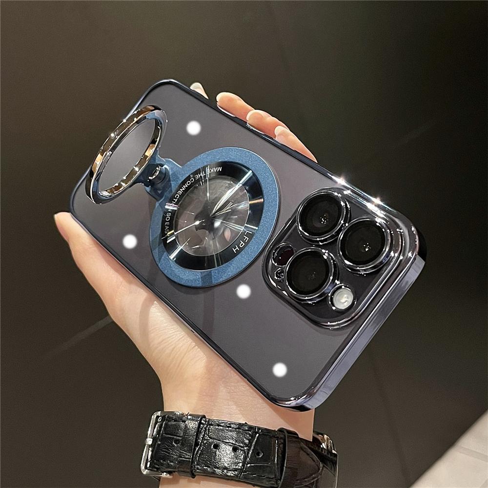 Transparent Plating Metal Ring Bracket Magsafe Mganetic Case for iPhone 15 13 12 14 Pro Max Stand Holder Lens Protection Cover