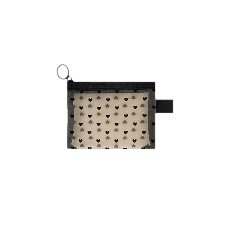 Nylon Mesh Cosmetic Bag Zipper Heart Shaped Toiletry Organizer Makeup Bags Multifunctional Women Lipstick Key Coin Purse Pouch