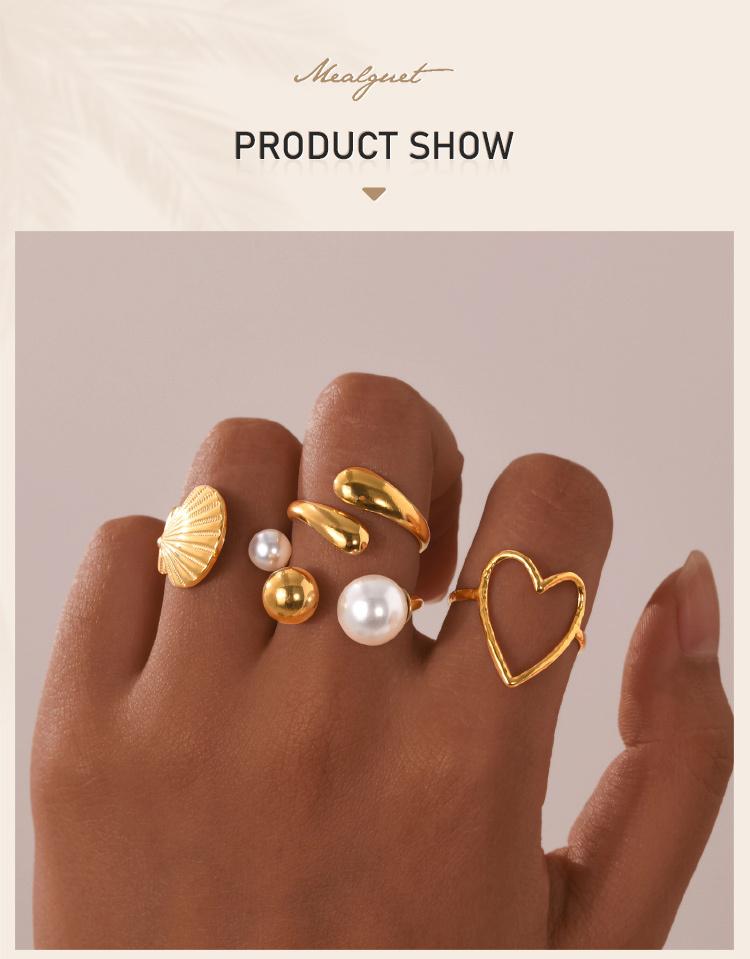 Pearl Open Ring for Women, Waterproof Knuckle Rings Gold Plated, Stainless Steel Cuff Wrap Finger Accessories