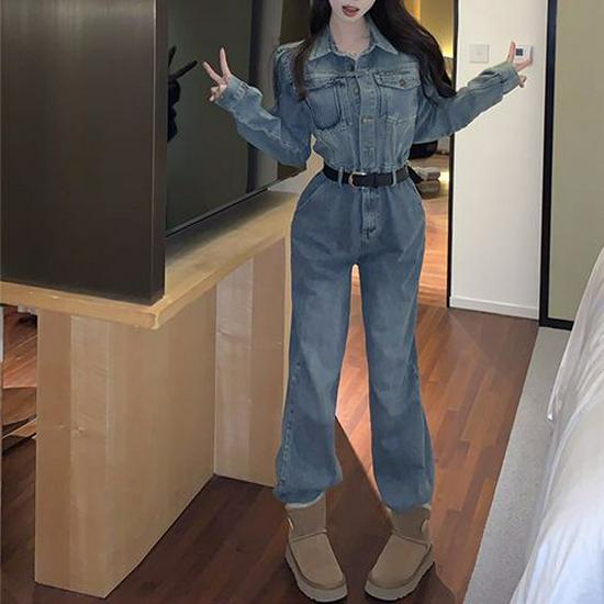 Women's Spring 2026 Hong Kong Retro Denim Jumpsuit - Casual Workwear Style