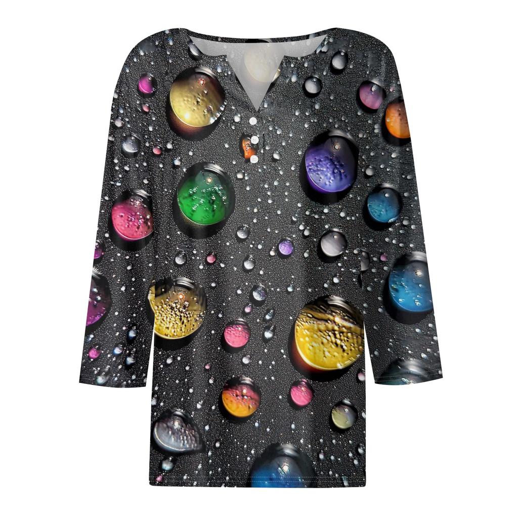 Damska koszulka z nadrukiem na guziki, rękaw 3/4, codzienna, weekendowa, modna, podstawowa, dekolt w serek, regularny top