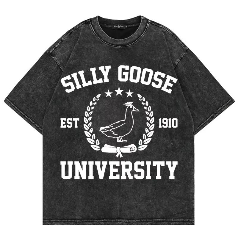 100% Cotton Vintage Washed Silly Goose University T Shirt Fashion Men/Women Retro Loose Wash Tees Shirts T-Shirt