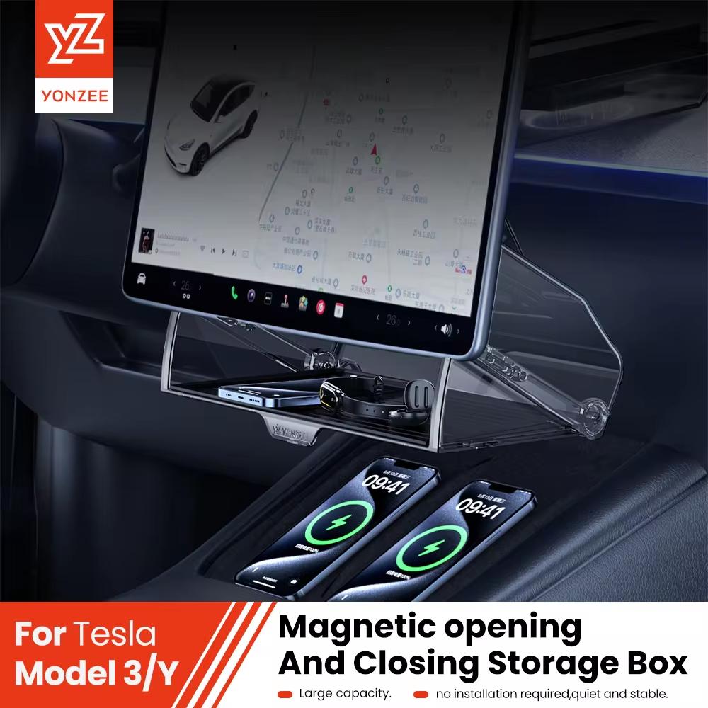 YZ For 2021-2026 Tesla Highland Model 3/Y/YL Juniper Tray Magnetic Under Screen Hidden Storage Box Magnetic Hidden Screen Box
