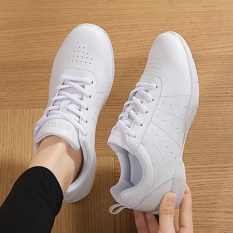 Leather Girls' Dance Shoes Non-Slip Soft Student Aerobics Shoes Cheerleading Fitness Club Professional Sneakers Kids Microfiber cm bianco