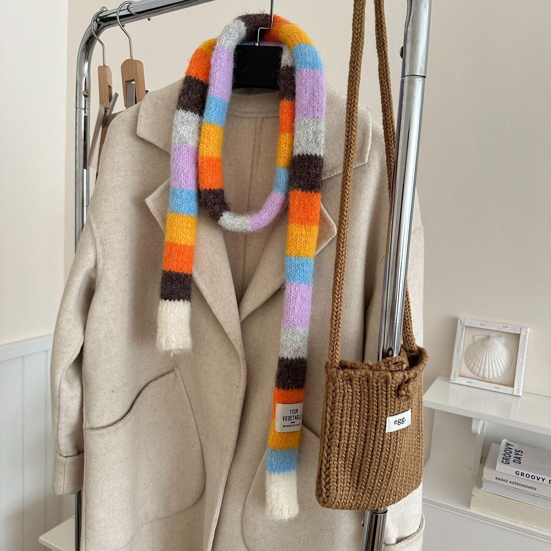 

Корейский Y2K Полосатый Шарф Вязаная Шерсть с Цветной Сшивкой Контрастные Длинные Узкие Шарфы Тонкий Шарф-Сосиска Зимние Шарфы Обмотка