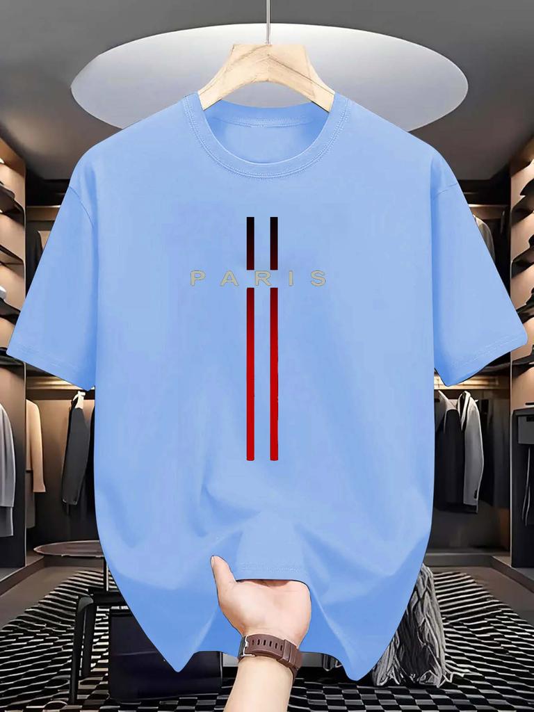 Men's 100% pure cotton summer casual loose fashion Paris letter printed comfortable round neck short sleeved T-shirt top