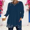 Damski T-shirt Plus Size z Okrągłym Dekoltem, Długim Rękawem, Nadrukiem Płatków Śniegu, Granatowy, Luźny, Długi, Z Kieszeniami