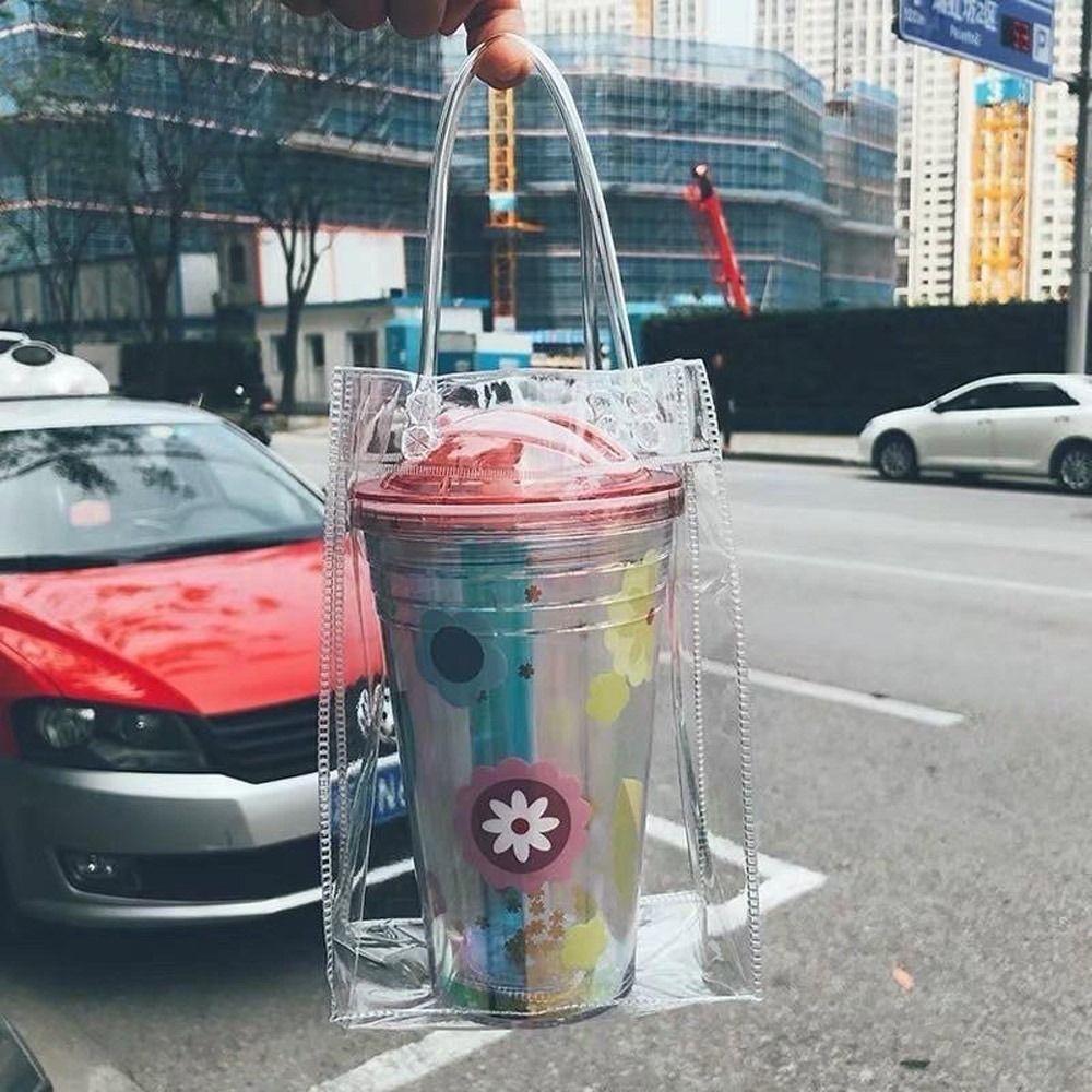 3Pcs Plastic Cups Bottle Cover With Convenient Handle PVC Bottle Bag Transparent Bag  Themos Bottle