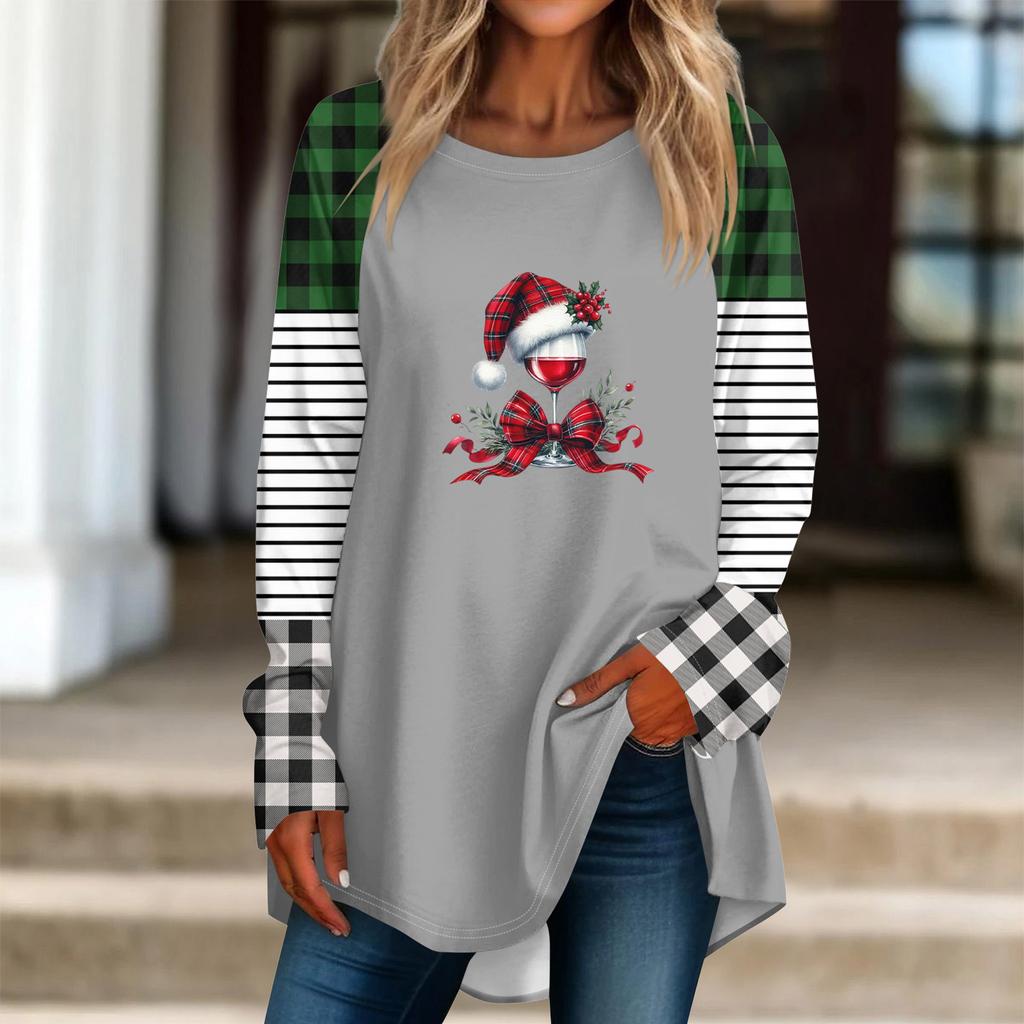 Fashionable Women's Loose Round Neck Christmas Small Print Long-sleeved T-shirt Top Pullover