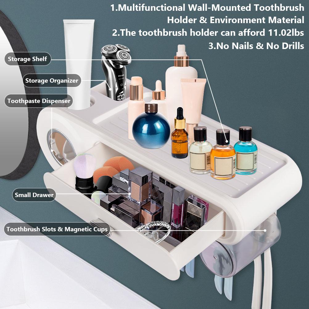 1Pc Toothbrush Holder Wall Mounted 3 Cups Toothbrush Holder Wall Mounted with Toothpaste Dispenser Space Saving Capacity Tray