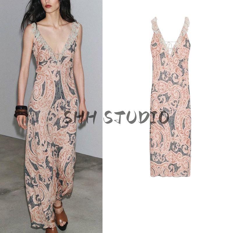 Summer Women clothes Laminated Decoration V-neck Sleeveless A- line Hem Print Underwear Dress 3545575