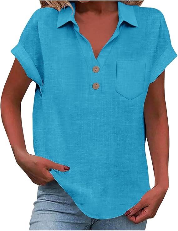European Women's Cotton Linen Short Sleeve Lapel Button Shirt