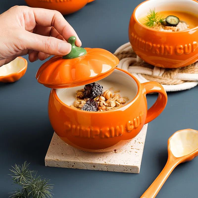 Cartoon Cute Ceramic Pumpkin Cup with Lid Breakfast Cup Dessert Soup Cup Oatmeal Cup Student Water Cup Mug