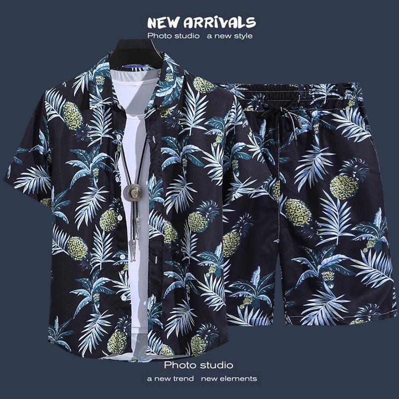 Men's Hawaiian Style Floral Summer Short Sleeve Shirt & Shorts Set