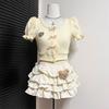 Girls Summer Korean Short Sleeve Dress Set with Peter Pan Collar and Tiered Skirt