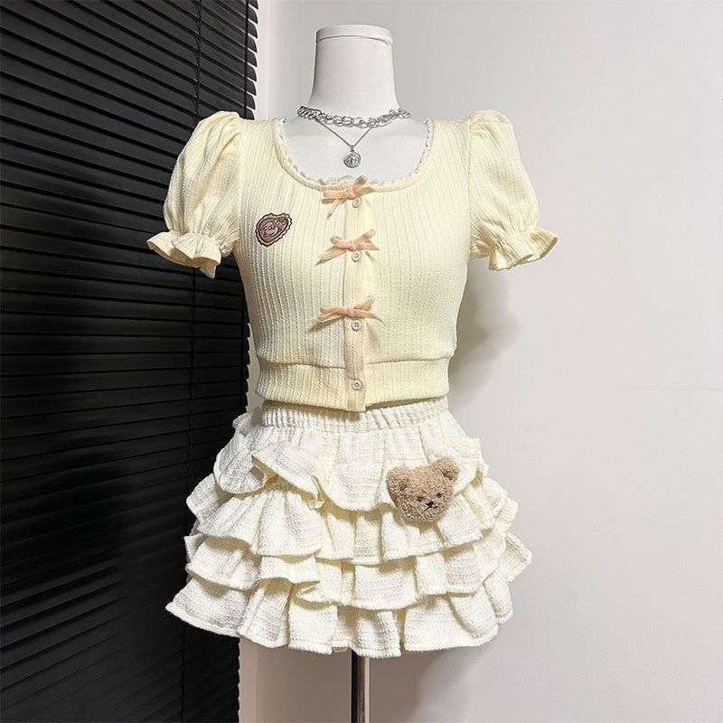 Girls Summer Korean Short Sleeve Dress Set with Peter Pan Collar and Tiered Skirt