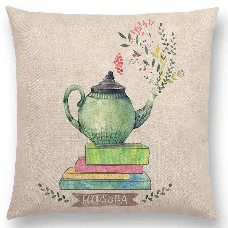Tea Reading Books Pillow Case Home Decor / Cushion Cover Designer Pillow Cover for Sofa Bedroom Housse De Coussin
