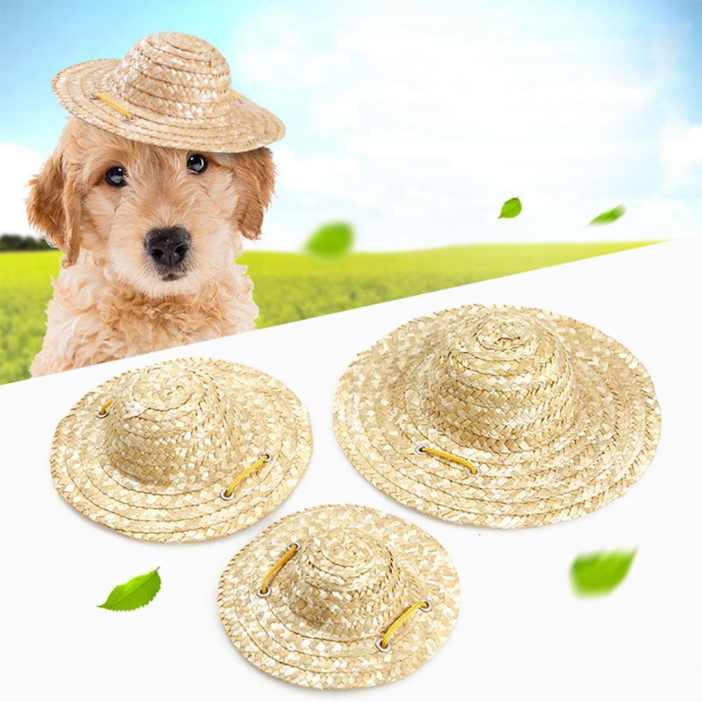 Cappello da Sole Paglia Sombrero per Animali Estivo Regolabile Hawaii Giardino Secchiello da Sole Cappello da Spiaggia per Cucciolo Cani Piccoli Gatti Taglia S M L