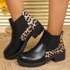 Women's Leopard Print Chunky Heel Chelsea Ankle Boots Slip-On Round Toe Non-Slip Rubber Sole All-Season Casual Black & Tan