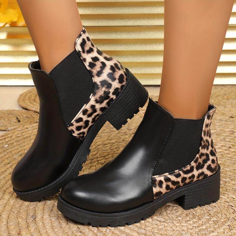 Women's Leopard Print Chunky Heel Chelsea Ankle Boots Slip-On Round Toe Non-Slip Rubber Sole All-Season Casual Black & Tan