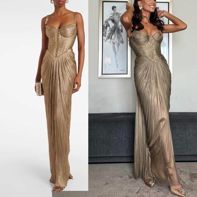 Robe Corset Sans Bretelles Or Champagne avec Jupe Drapée