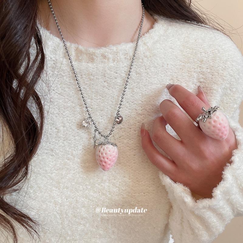 Mary Stainless steel zircon flocked strawberry earrings necklace sweetniche styleelegance jewelry suit
