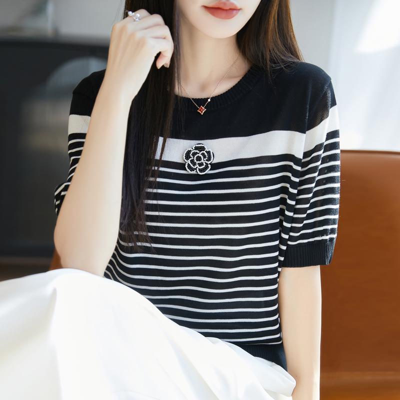 Women Knit T-shirt MODERN NEW SAGA Summer Knitted Shirt Short Sleeve Tees O-neck Patchwork Pullover Knit Tops