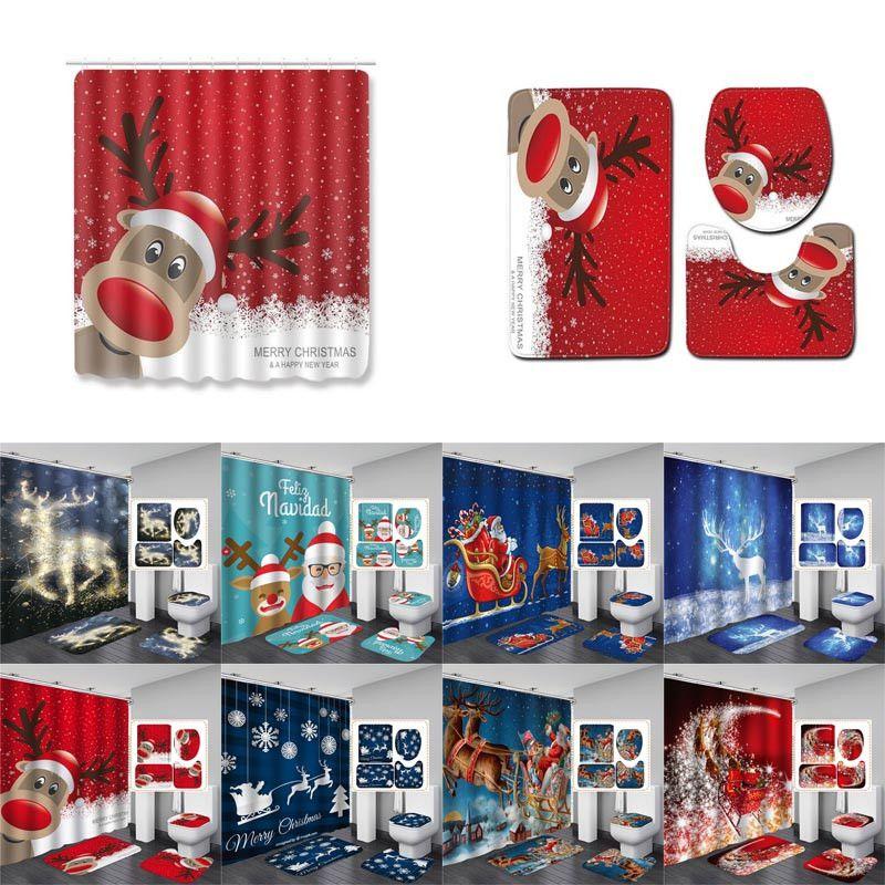 Premium Christmas Shower Curtain With Toilet Seat Cover Mats Rug Set For Stylish Holiday Bathroom