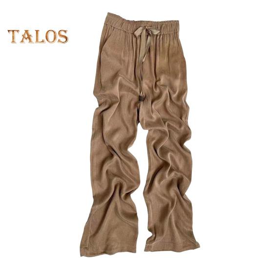 Women Casual Pants Elastic Waist Adjustable Drawstring Straight Wide Leg Trousers with Pockets Solid Color Loose Fit Long Pants