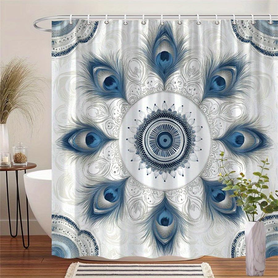 1 Blue Peacock Feather Mandala Shower Curtain - Symmetrical design on beige background, polyester fabric, machine washable 90X180cm