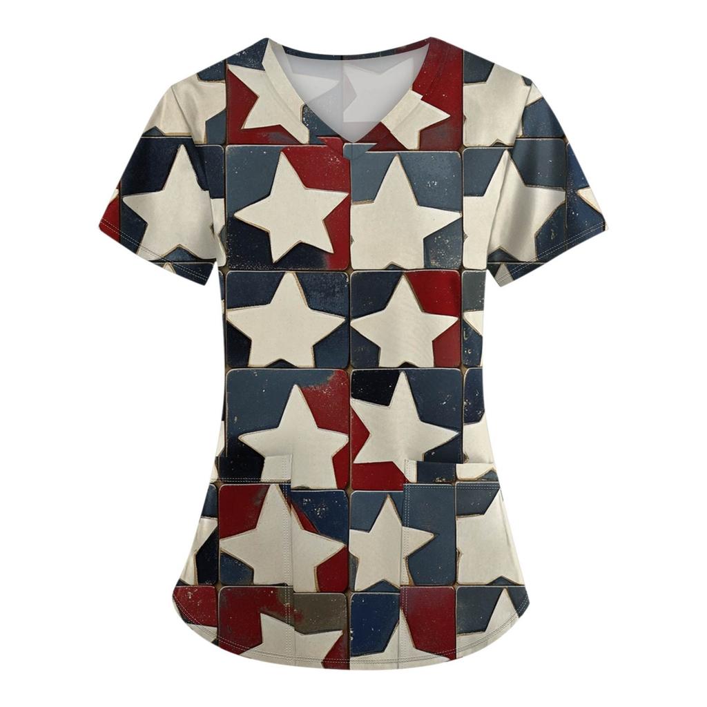 Women's Fashion V-Neck Short Sleeve Overalls With Pockets Independence Day Printed Tops  Clothes