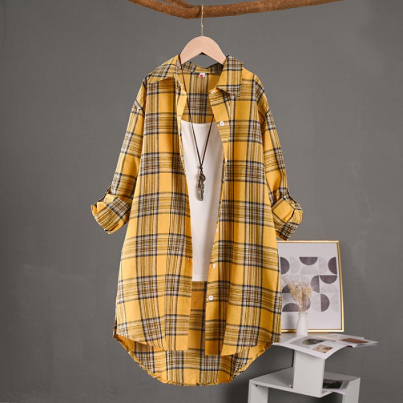 

Women s Plus Size Plaid Cotton Linen Shirt Jacket - Lightweight, Sun Protection, Loose Fit. 3XL жовтий
