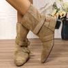 Fashion Buckle Belt Decor Thick Heels Ankle Boots Women Autumn Winter Pointed Toe Riding Boots Woman Slip On Faux Suede Booties