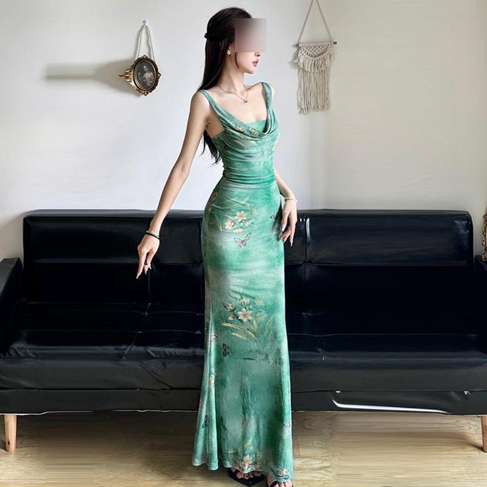 French Spice Girl Spring Pocket Collar Waist Skinny Fishtail Long Skirt Mori Smudged Butterfly Printed Mesh Suspender Skirt