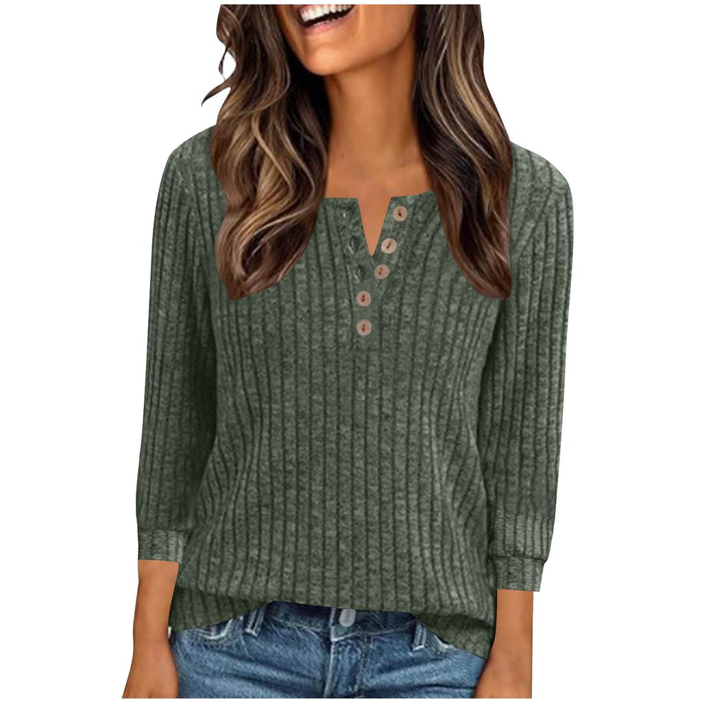 Women's Fashion Casual Button-Up V-Neck Knit Loose-Fit Three-Quarter Sleeve Top