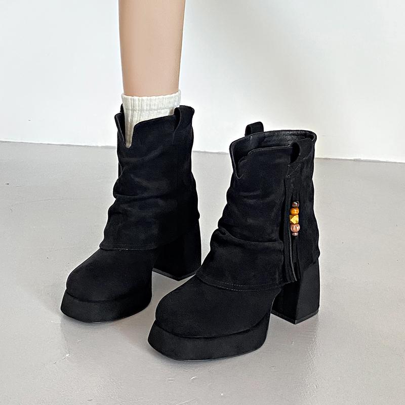 Platform Tassel Booties Women  Autumn Winter New Temperament Round Toe Block Heel Trouser Boots Retro High Heel Boots