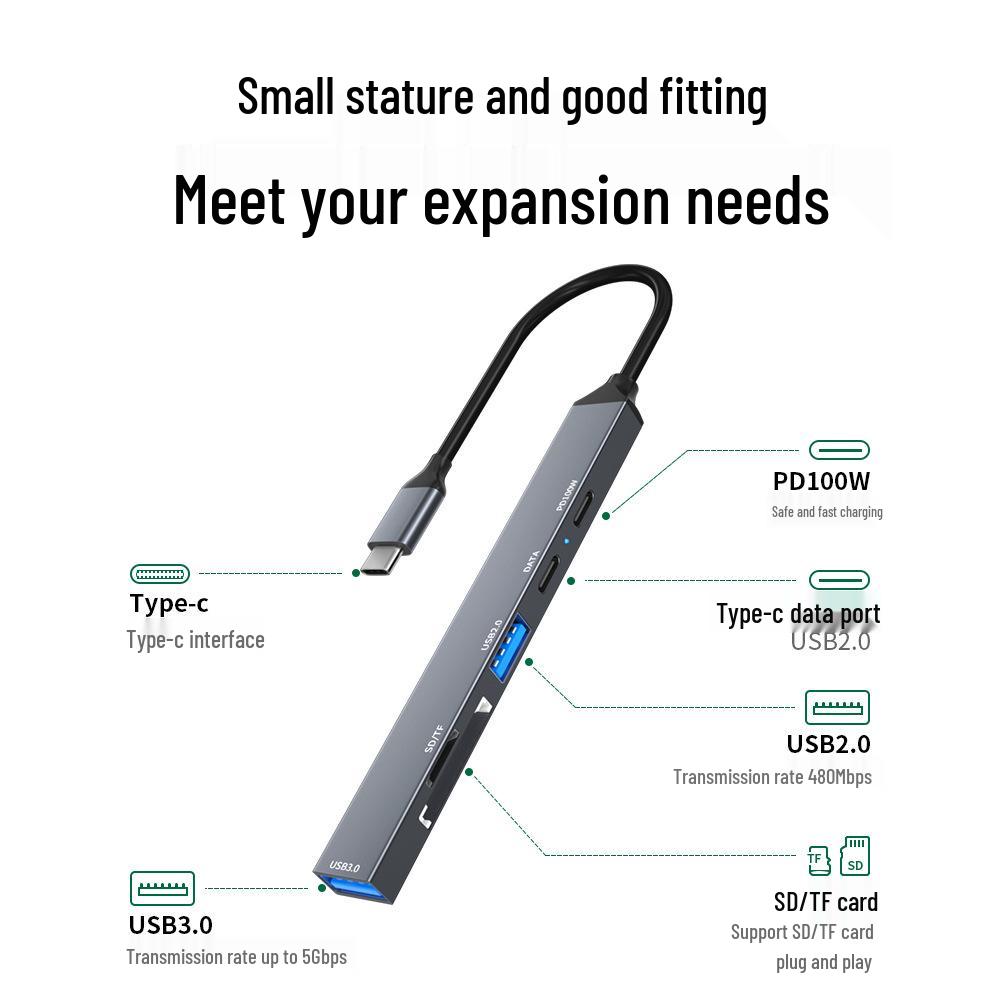 Type-C 6-in-1 Expansion Dock: USB 3.0, TF/SD Card Reader, 100W PD Power Hub