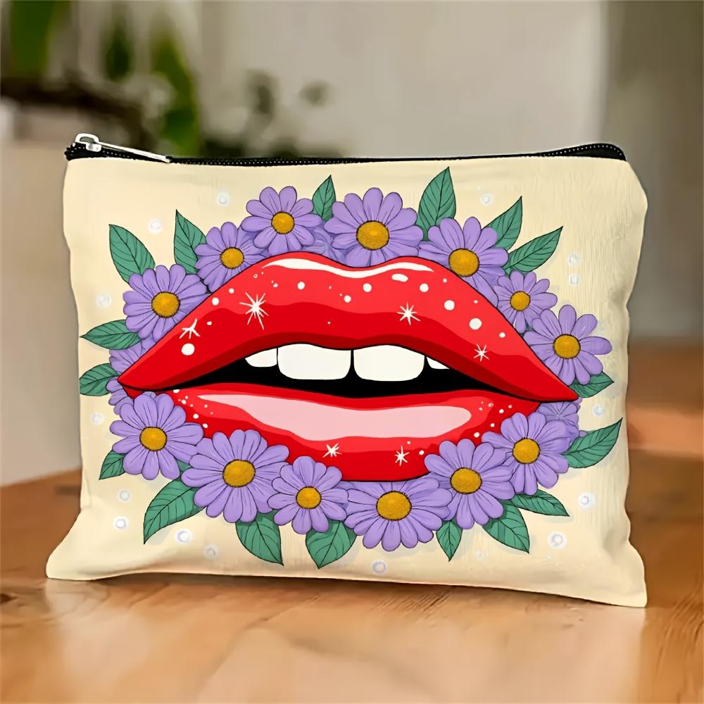 

A Red Lips and Floral Makeup Bag- Multifunctional Zipper Pouch, Jewelry Storage Bag, Perfect Travel Zipper Small Storage Bag.