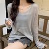 Belle Cie Openwork Knit Loose Long Sheer Women's Top, Fit, Sheer, Sleeves, (ST/No. 22009) (Gray)