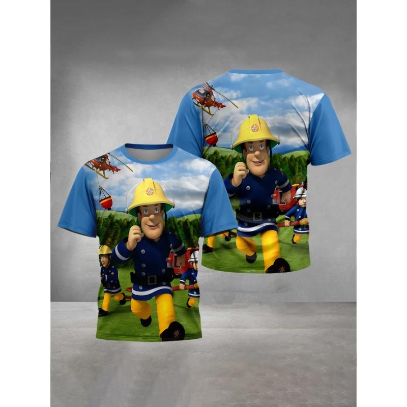 Summer Round Neck Cartoon Fireman Sam Pattern 3D Printed Top Fashionable Casual Short Sleeved Children's Boy T-shirts