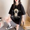 New Summer Fashion Trend Casual Loose Fitting Lamb Embroidery Hot Diamond Mid Length Oversize Short Sleeved T-shirt