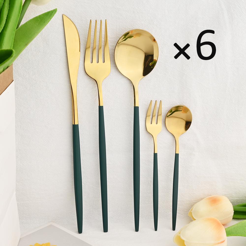6People Gold Cutlery Set Mirror Stainless Steel Dinnerware Set Knife Cake Fork Tea Spoon Silverware Flatware Party Western Kitchen Tableware