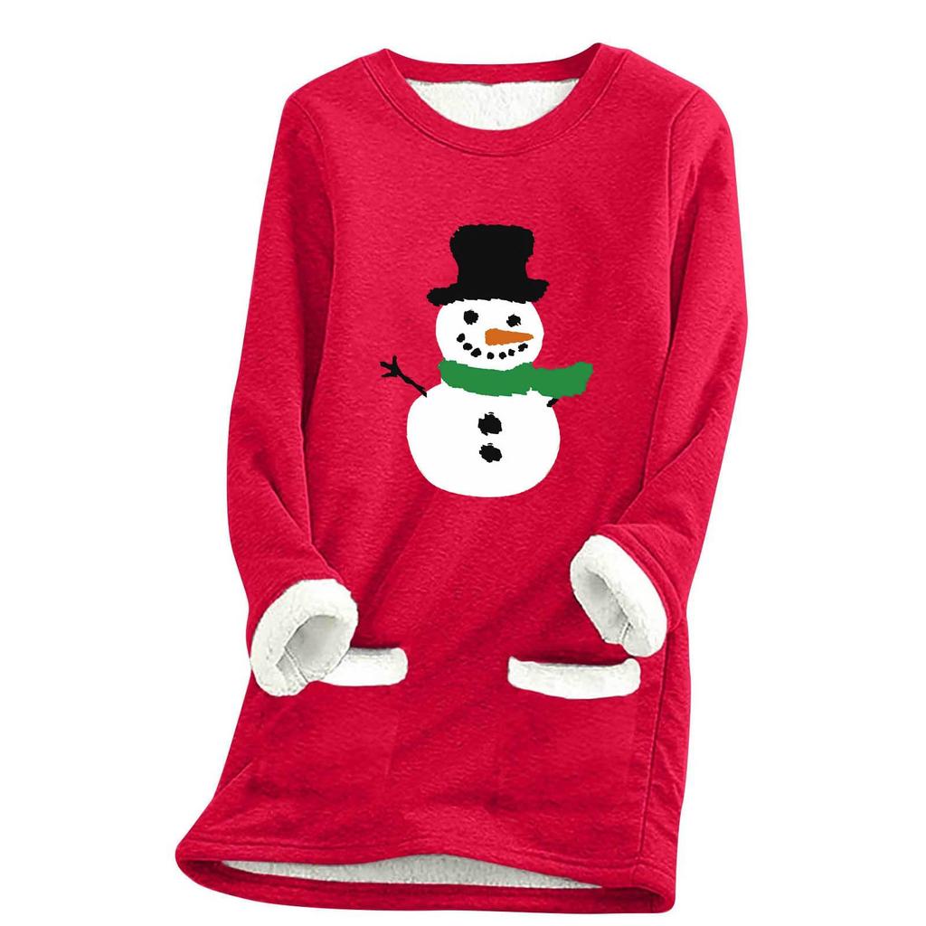 Ladies' Loose And Comfortable Round Neck Christmas Print Thick With Pockets Long Sleeved Top