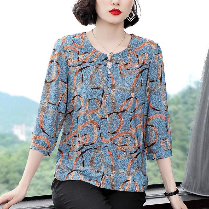 Women's 3/4 Sleeve Casual Printed Chiffon Blouse Summer Fashion New Single-breasted Thin Loose Pullovers Shirt Female Clothing