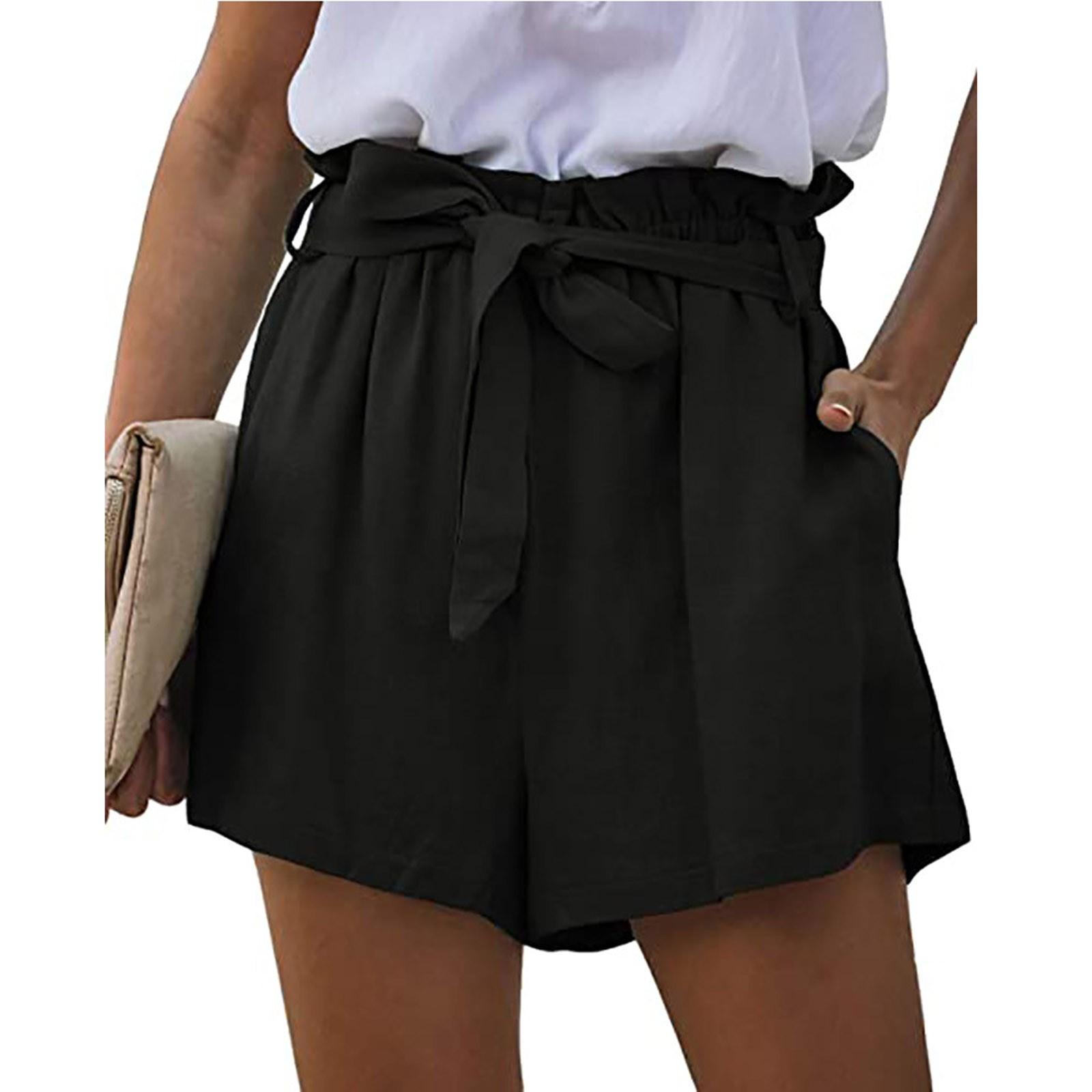 

Женские повседневные шорты с высокой талией, однотонные эластичные повязки с карманами, широкие брюки XXXL чёрный