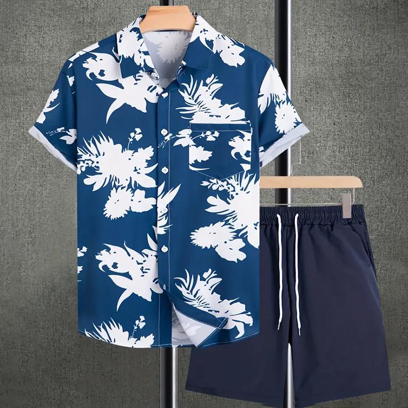 Stylish Lapel Button-Down Shirt Shorts Set Summer Men's Short-Sleeved Shirt Drawstring Shorts 2-Piece 3D Leaf Print Travel Suit
