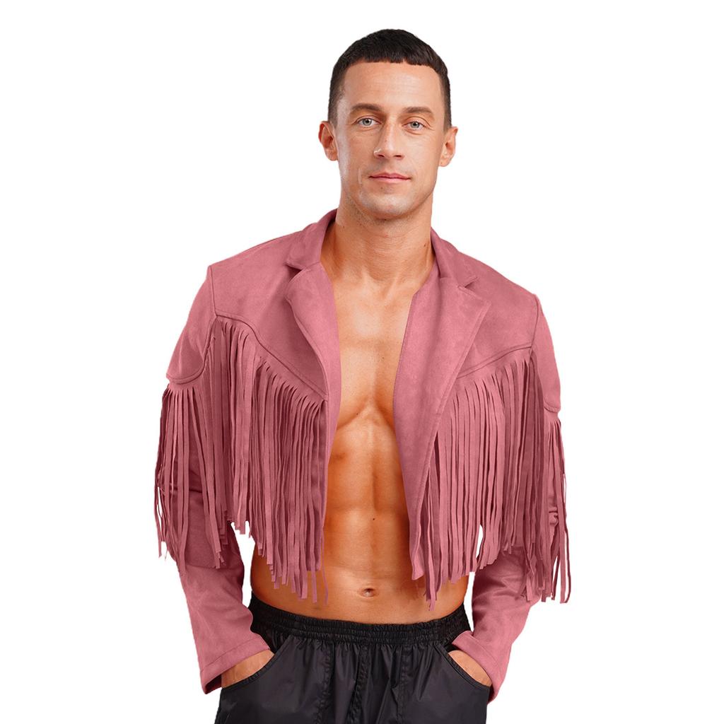 Herren Fransen Wildlederimitat Jacke Cropped Design Reverskragen Langarm Offene Vorderseite Strickjacke 80er Hippie Cowboy Stil