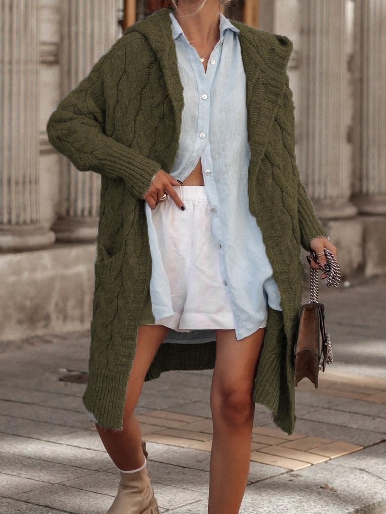 Fall Winter Women's Knit Sweater Long Cardigan Open Shawl Coat with Hood and Pockets (Plus Size)